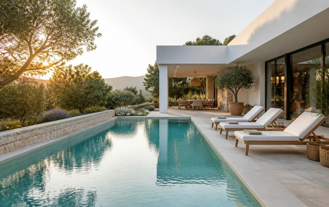Piscina privata con lettini al tramonto